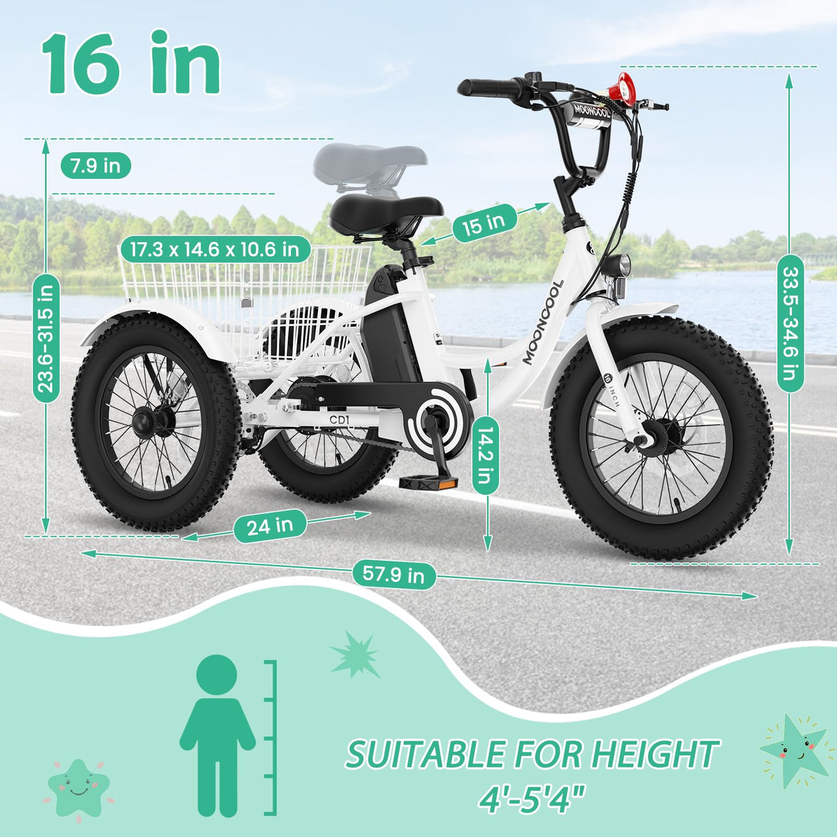 250W 16IN 3 Wheels Electric Tricycle with Removable Battery and Rear Basket U7635