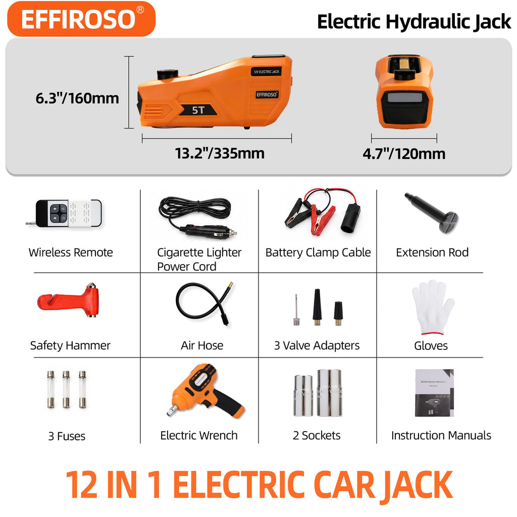 5 Ton 12V Electric Car Jack Kit with Impact Wrench and Tire Inflator Pump G68542