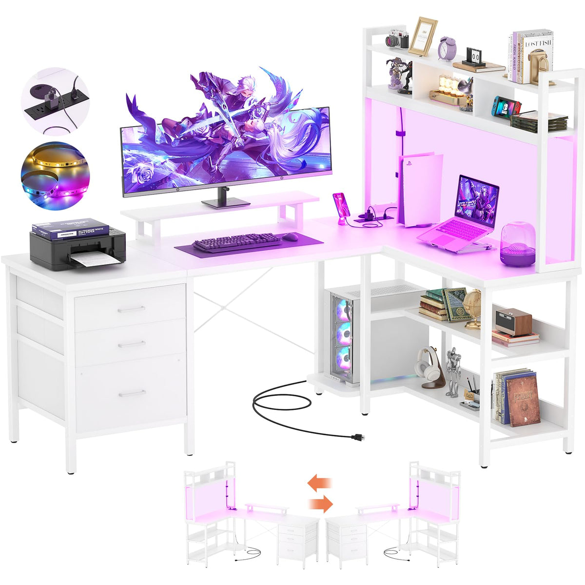 White L Shaped Gaming Desk with Hutch and Led Lights T5861