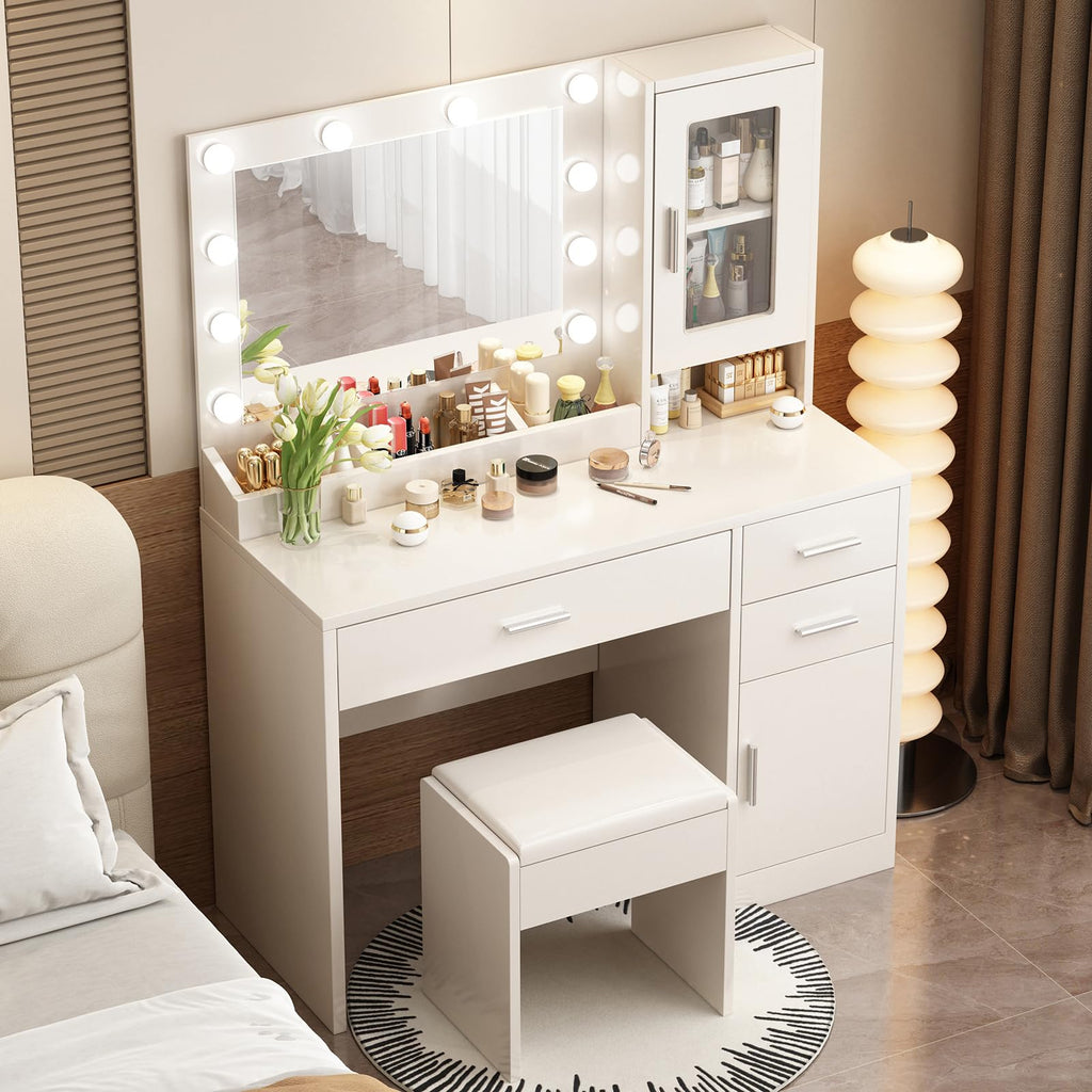 Makeup Vanity Desk Set with LED Lights Mirror Chair U452577