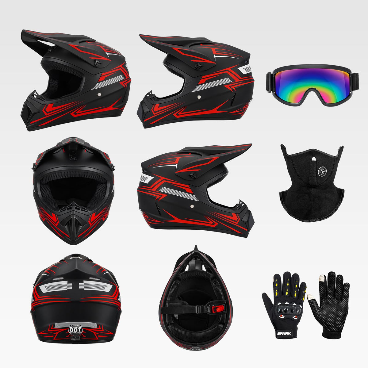 Youth Kids Full Face Motocross Helmet 4PCS Set DOT Approved Red XL Z4133