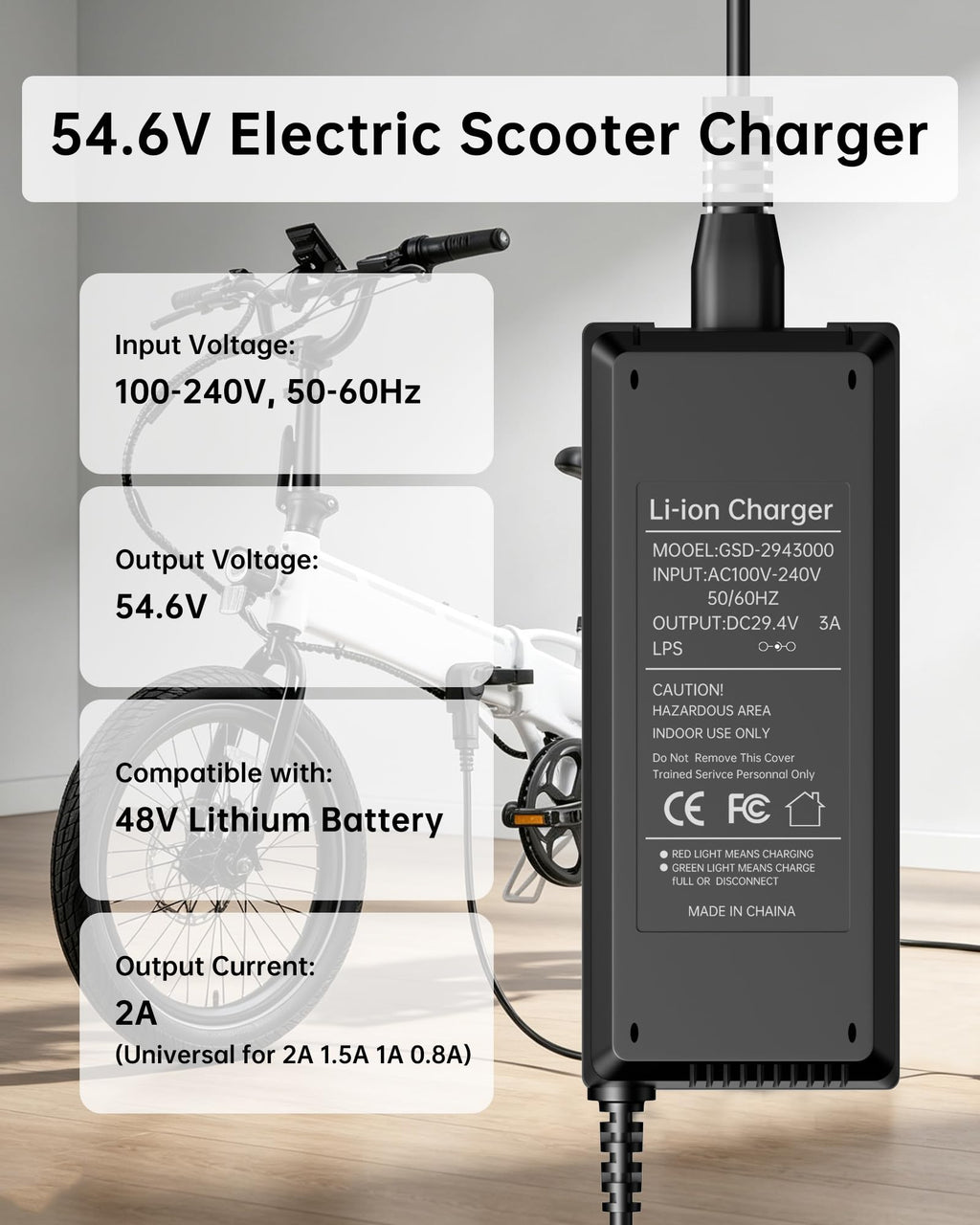 54.6V 2A Electric Scooter Charger 5 Connectors 8.2ft K5379