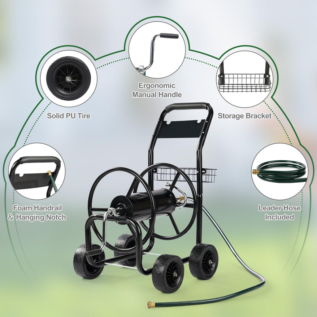 4-Wheel Portable Garden Hose Reel Cart with Storage Basket X791801
