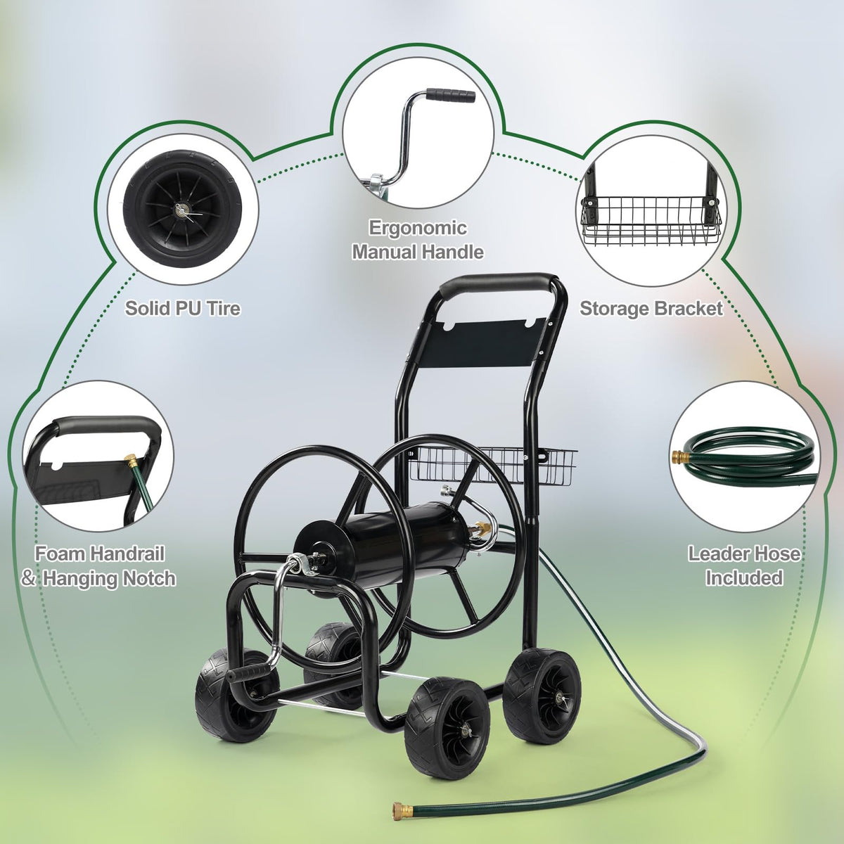 4-Wheel Portable Garden Hose Reel Cart with Storage Basket X791801