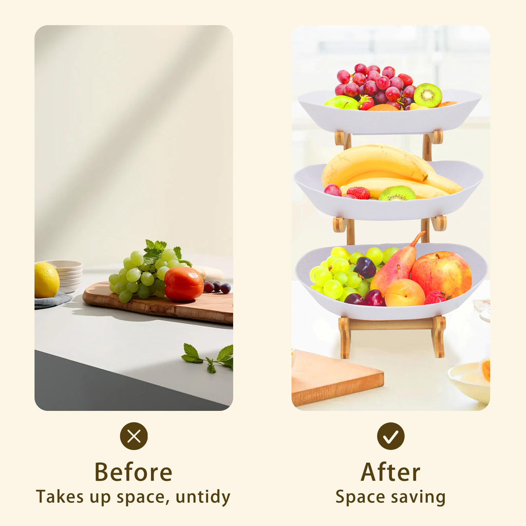 3 Tier Plastic Fruit Bowl with Bamboo Stand F812838