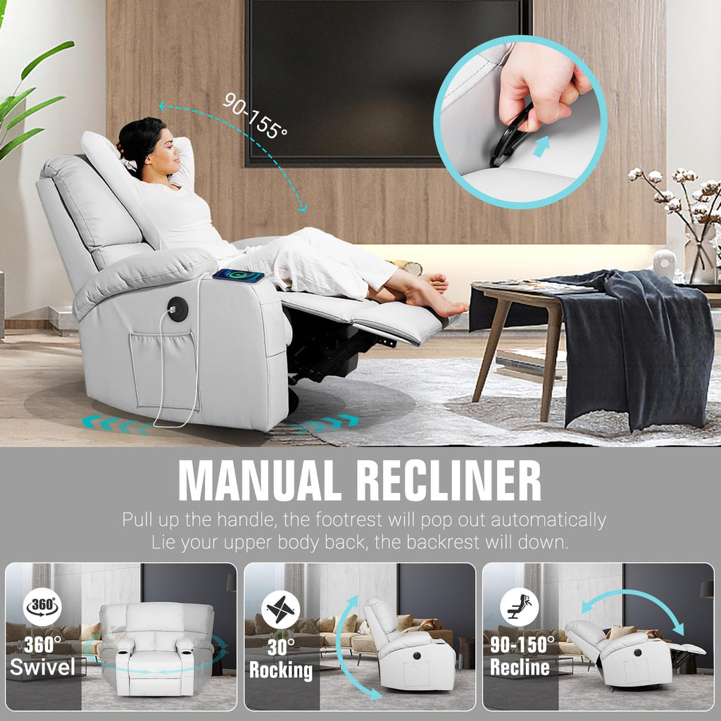 Light Grey Faux Leather Rocking Recliner Chair with Massage and Heat K135813