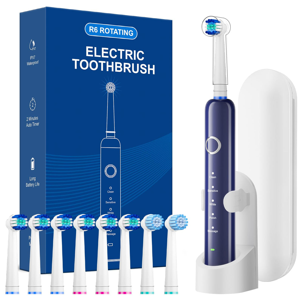 Black Rechargeable Electric Toothbrush with 8 Brush Heads D208