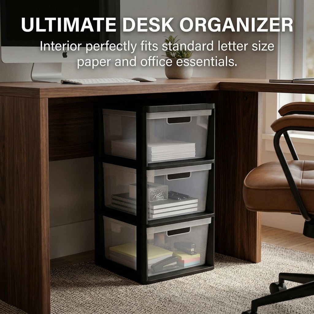 Black 3 Drawer Plastic Storage Tower with Clear Removable Bins H404225