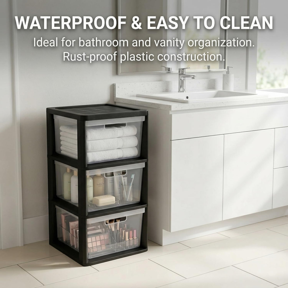 Black 3 Drawer Plastic Storage Tower with Clear Removable Bins H404225