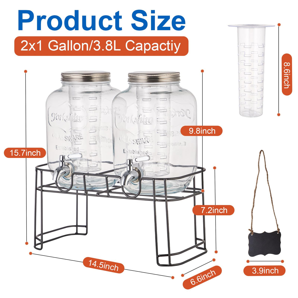 1 Gallon Glass Drink Dispenser with Stand, 2 Pack N472