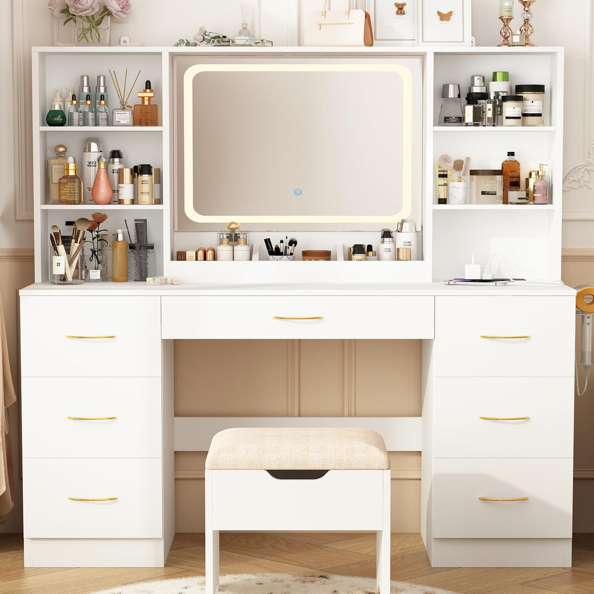 47" White Vanity Desk with Mirror and Lights E3227