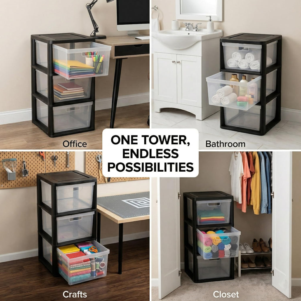 Black 3 Drawer Plastic Storage Tower with Clear Removable Bins H404225