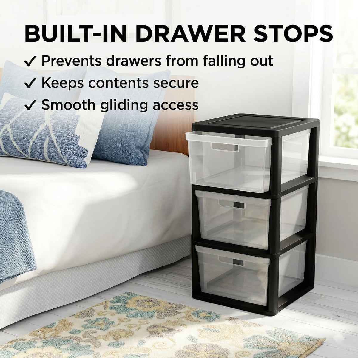 Black 3 Drawer Plastic Storage Tower with Clear Removable Bins H404225