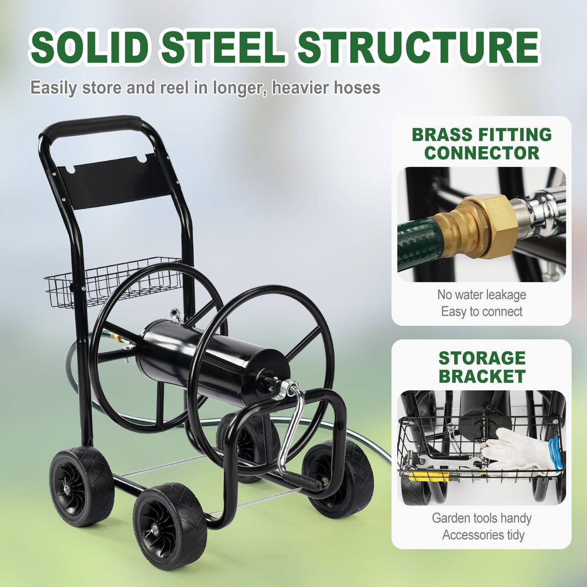 4-Wheel Portable Garden Hose Reel Cart with Storage Basket X791801