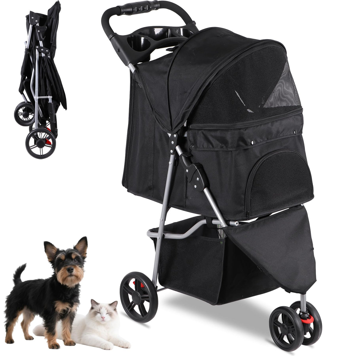 Foldable Pet Stroller with Weather Cover, Storage Basket and Cup Holder O989