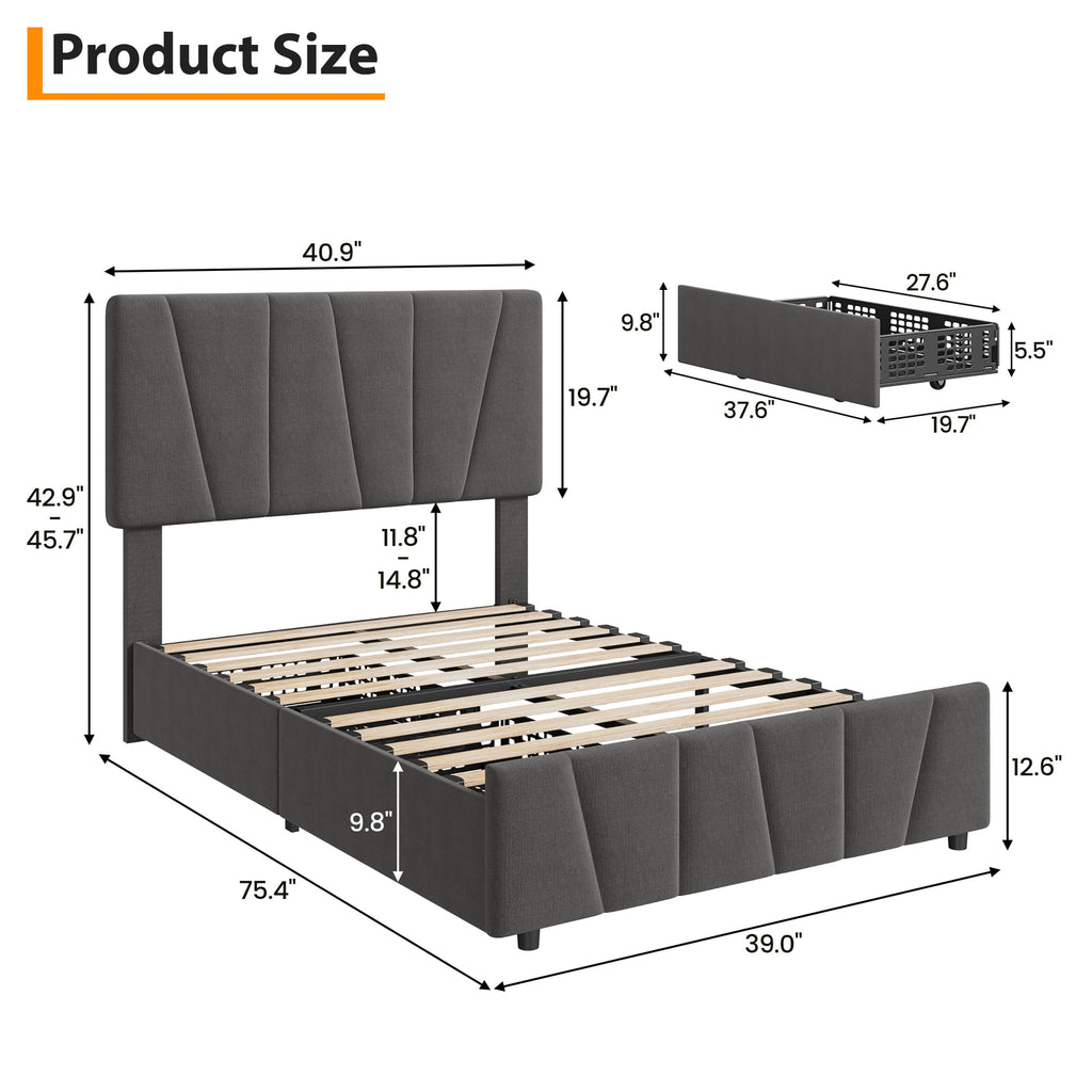 Twin Size Upholstered Bed Frame with 2 Storage Drawers R4718