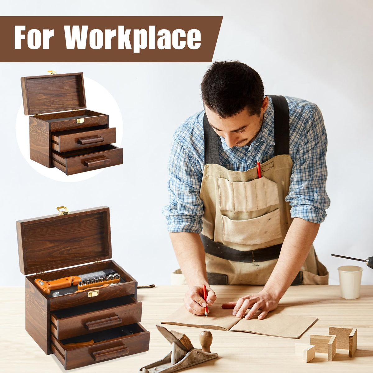 11 Inch Wooden Tool Box with 2 Drawers U45152