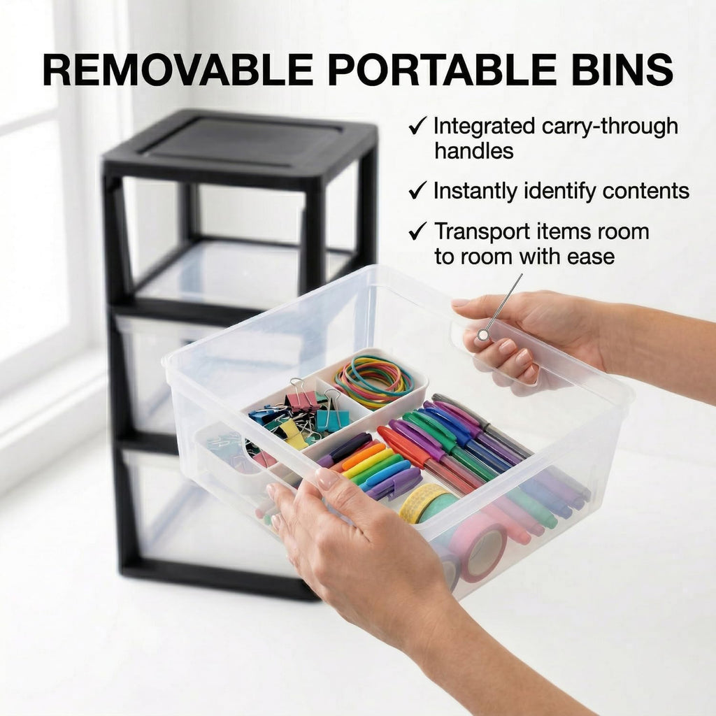 Black 3 Drawer Plastic Storage Tower with Clear Removable Bins H404225