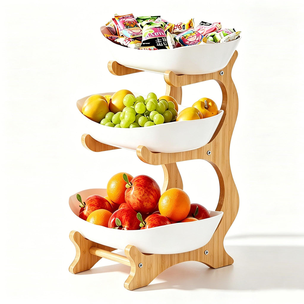 3 Tier Plastic Fruit Bowl with Bamboo Stand F812838