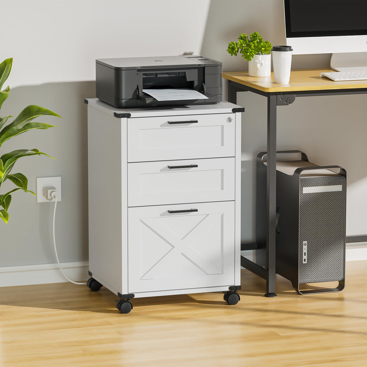 Small Wood File Cabinet with Charging Station and Lock, 3 Drawers Z414228