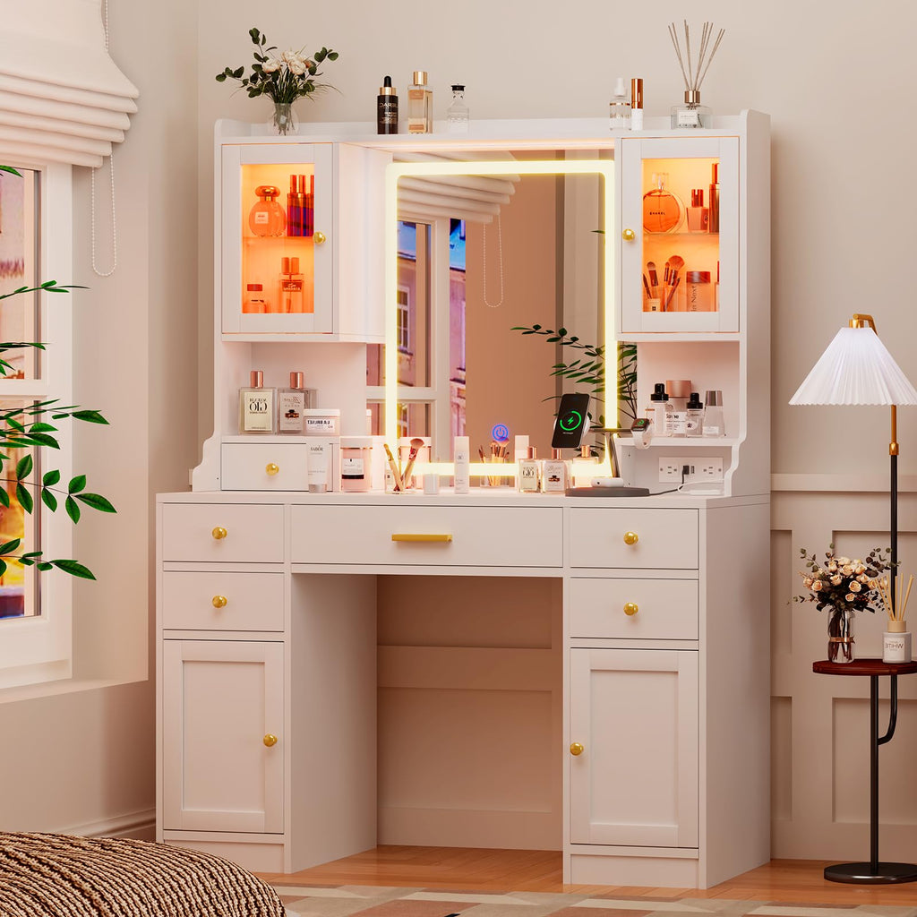 White Makeup Vanity Desk with LED Mirror V65749