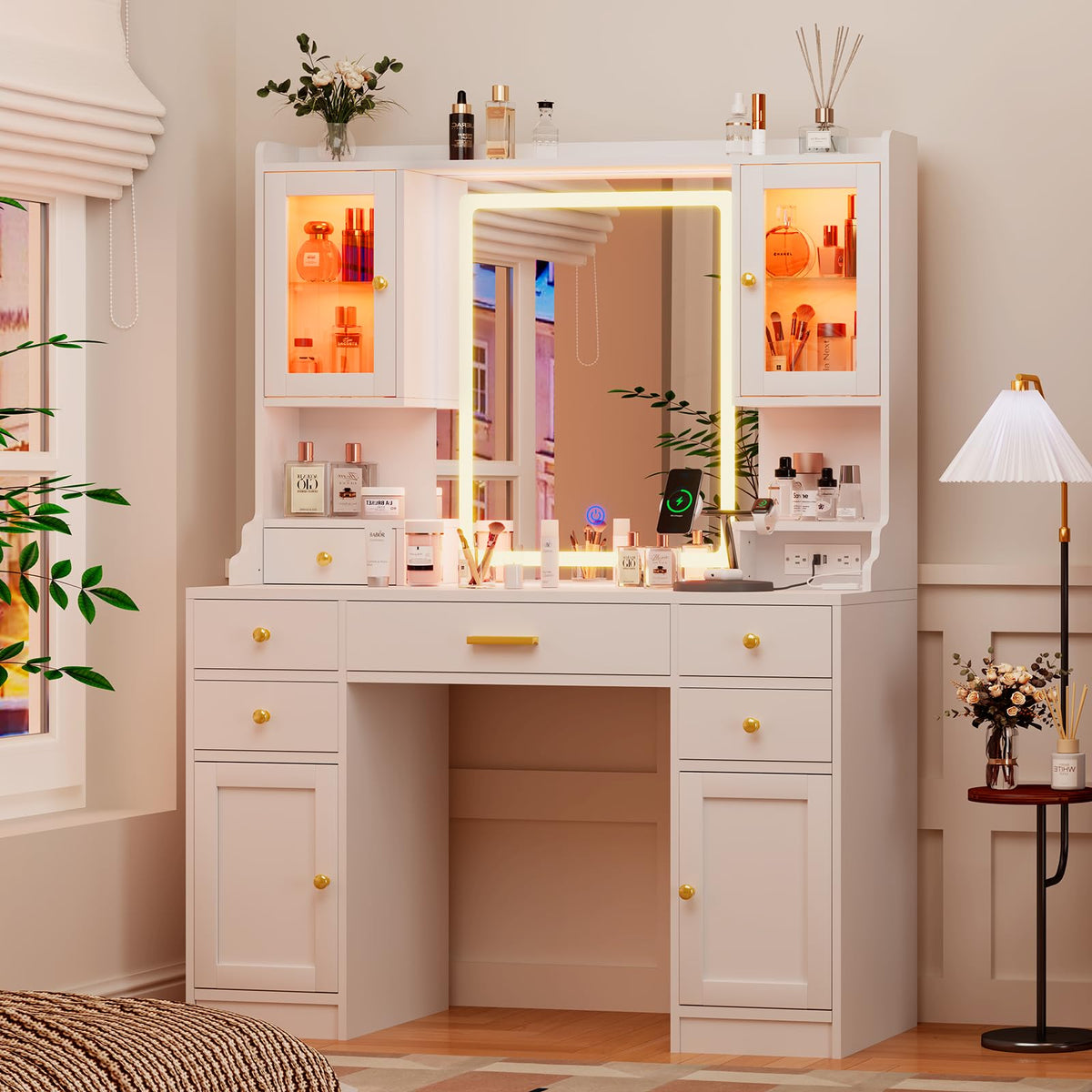 White Makeup Vanity Desk with LED Mirror V65749