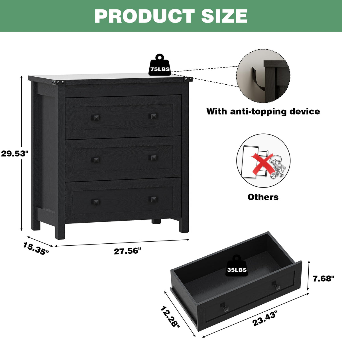27.6" Wide Black 3 Drawer Wood Nightstand P877129