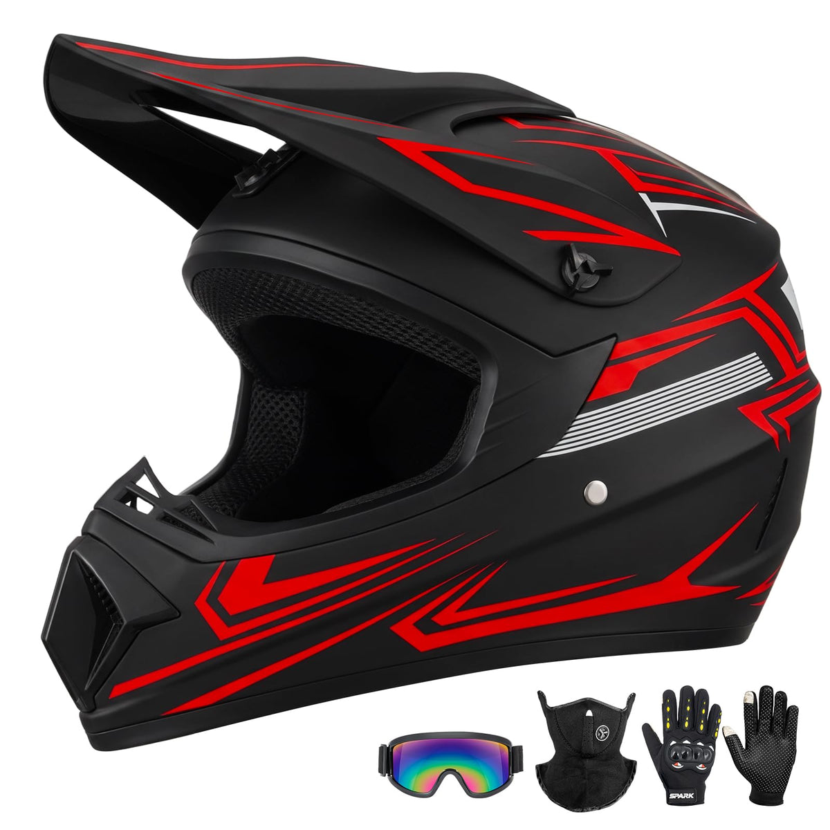 Youth Kids Full Face Motocross Helmet 4PCS Set DOT Approved Red XL Z4133