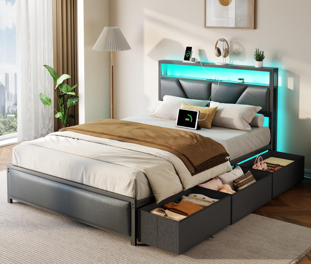 Full Size Bed Frame with Storage Headboard S376