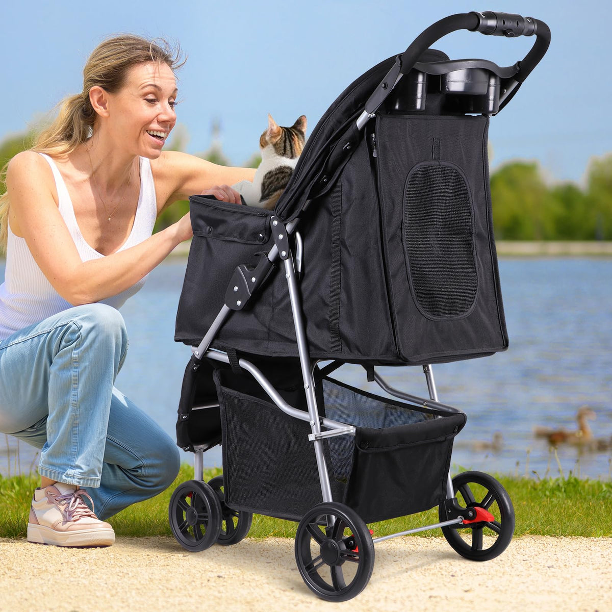 Foldable Pet Stroller with Weather Cover, Storage Basket and Cup Holder O989
