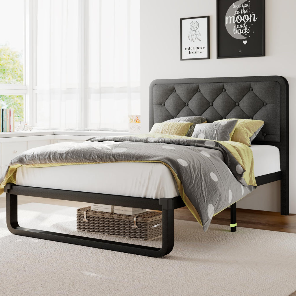 Twin Metal Platform Bed Frame with Linen Upholstered Headboard V75876