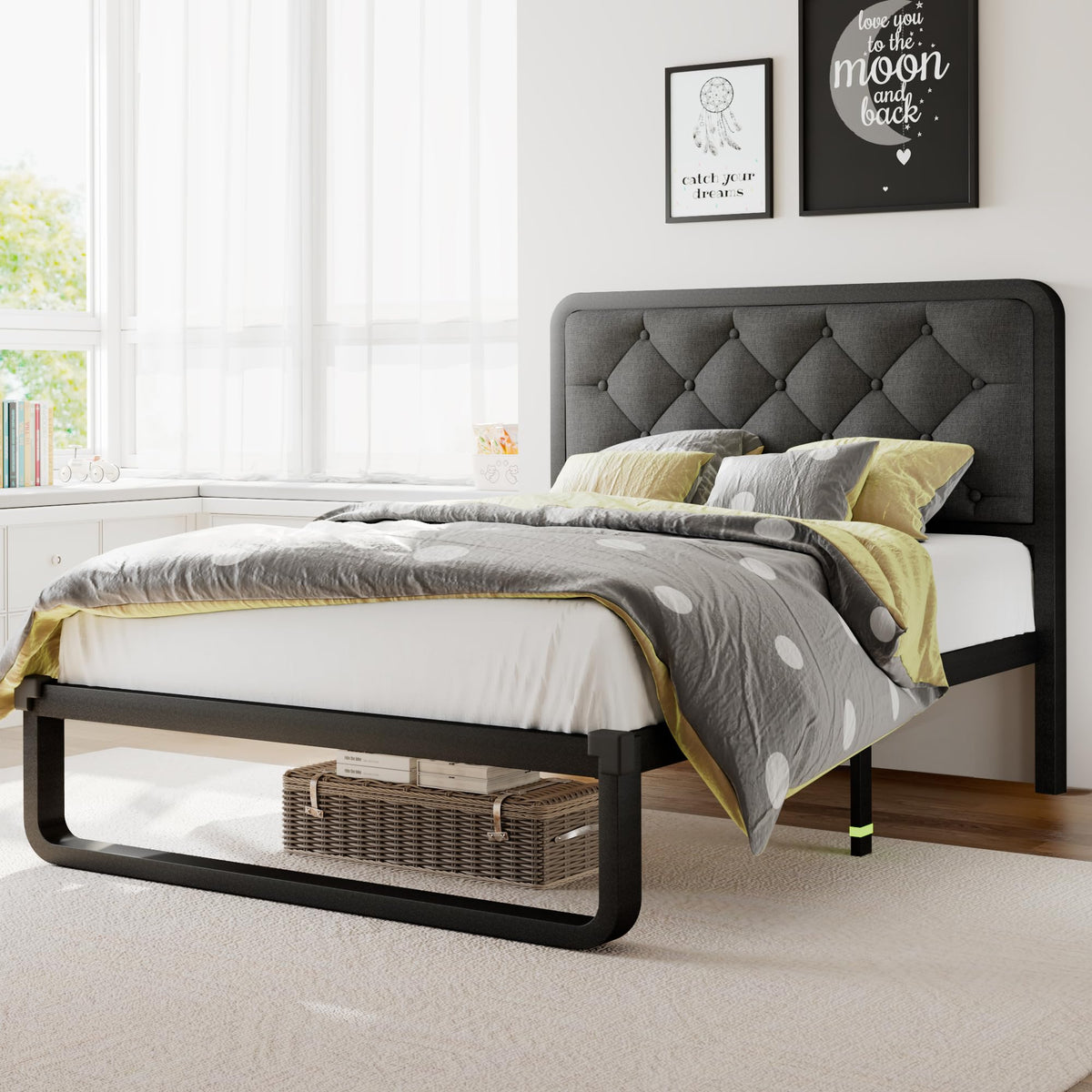 Twin Metal Platform Bed Frame with Linen Upholstered Headboard V75876