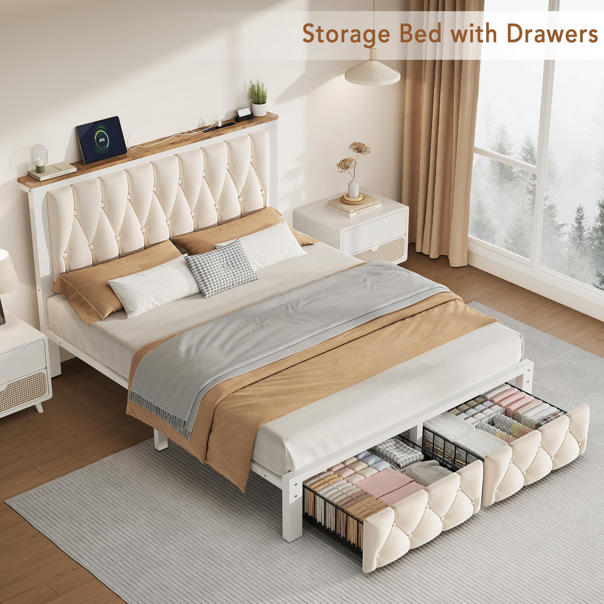 Beige Full Upholstered Platform Bed Frame with 2 Storage Drawers Q98820