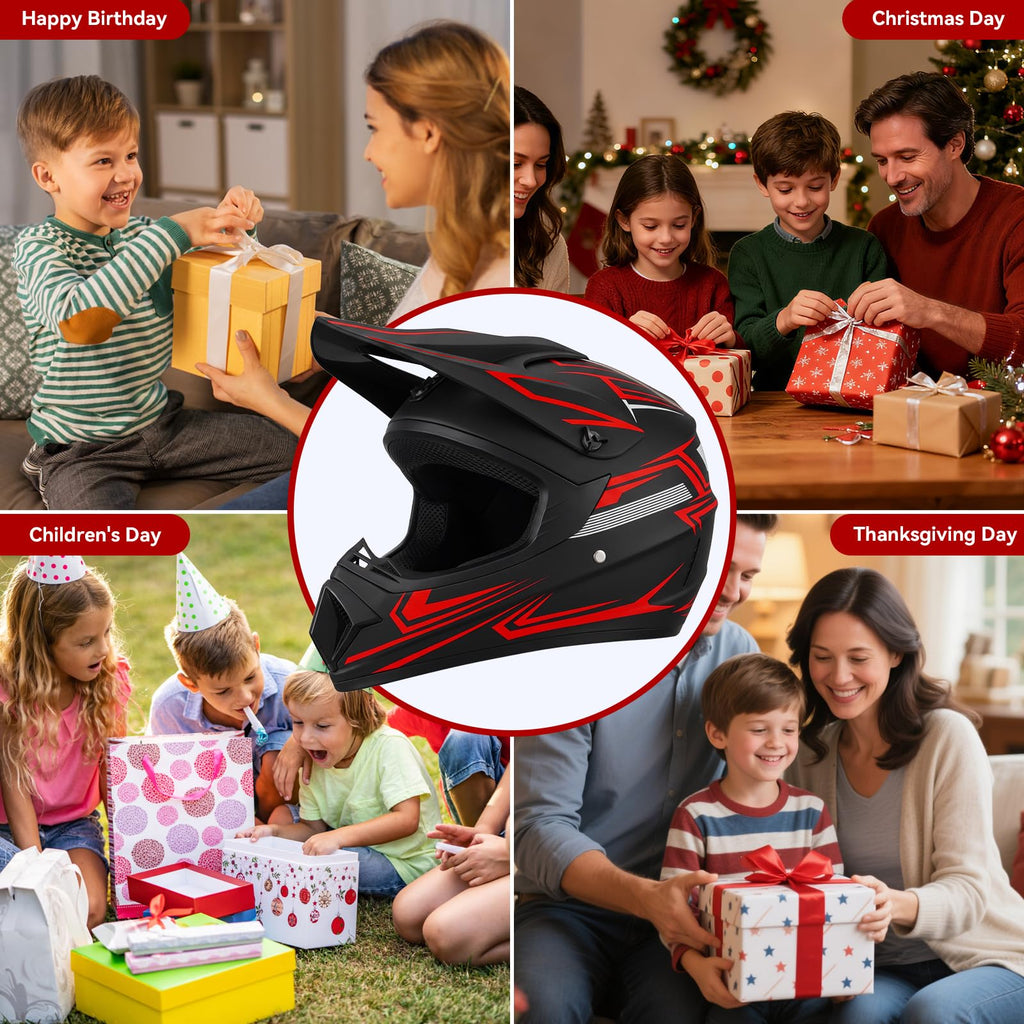 Youth Kids Full Face Motocross Helmet 4PCS Set DOT Approved Red XL Z4133