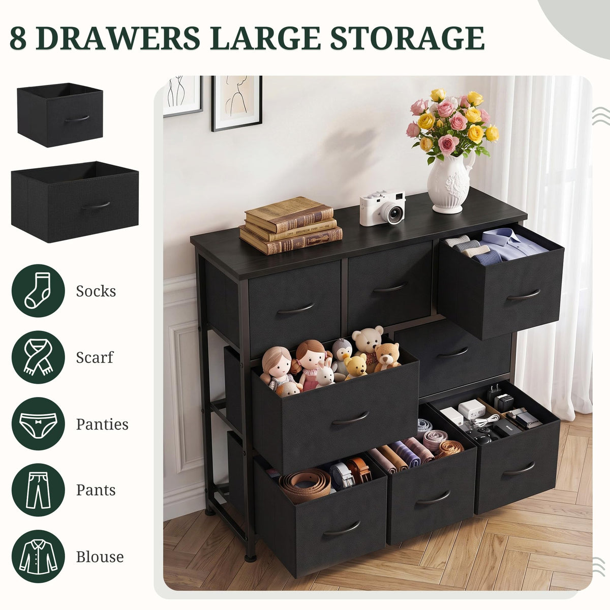 8 Drawer Fabric Dresser with Wood Top V891660
