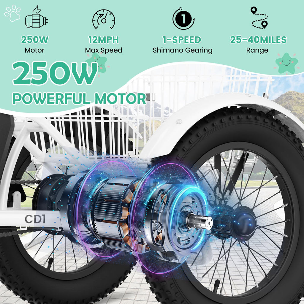250W 16IN 3 Wheels Electric Tricycle with Removable Battery and Rear Basket U7635