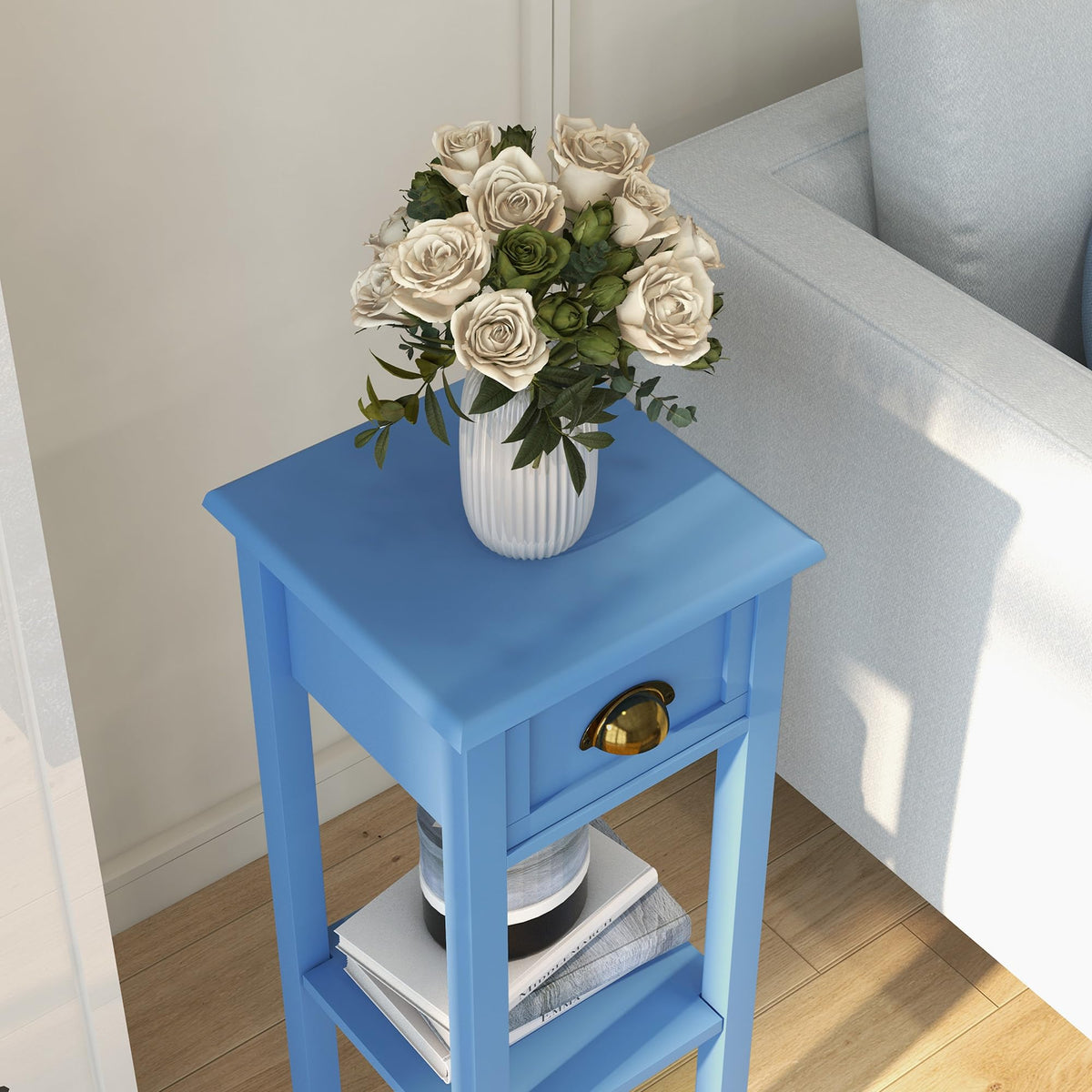 Narrow End Table with Drawer and Bottom Shelf Light Blue M56790