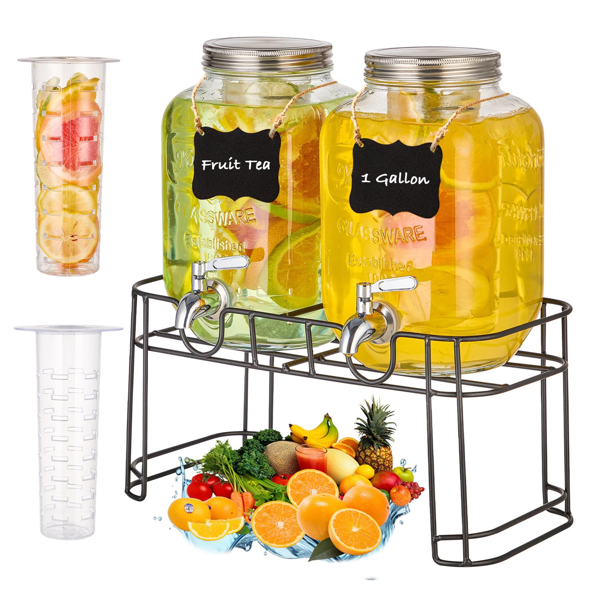 1 Gallon Glass Drink Dispenser with Stand, 2 Pack N472