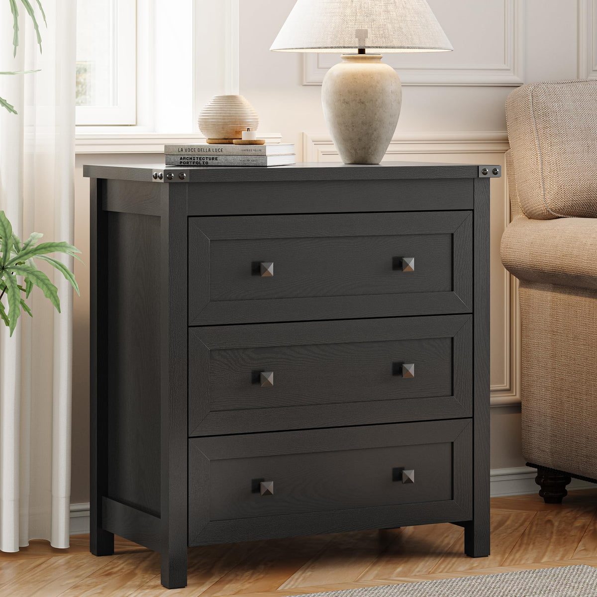 27.6" Wide Black 3 Drawer Wood Nightstand P877129