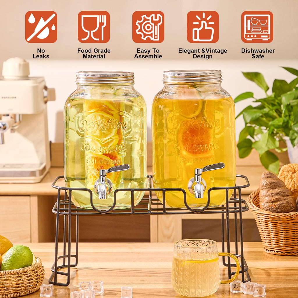 1 Gallon Glass Drink Dispenser with Stand, 2 Pack N472