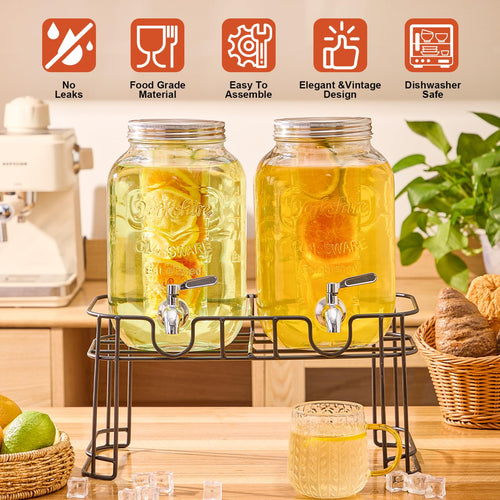 1 Gallon Glass Drink Dispenser with Stand, 2 Pack N472