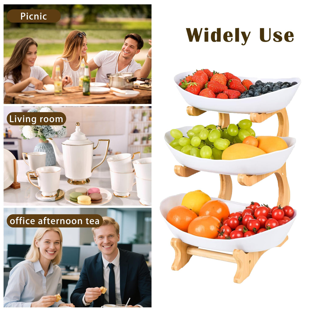 3 Tier Plastic Fruit Bowl with Bamboo Stand F812838