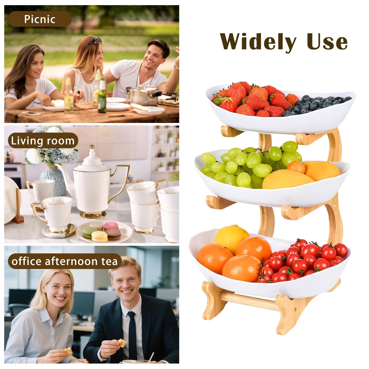 3 Tier Plastic Fruit Bowl with Bamboo Stand F812838