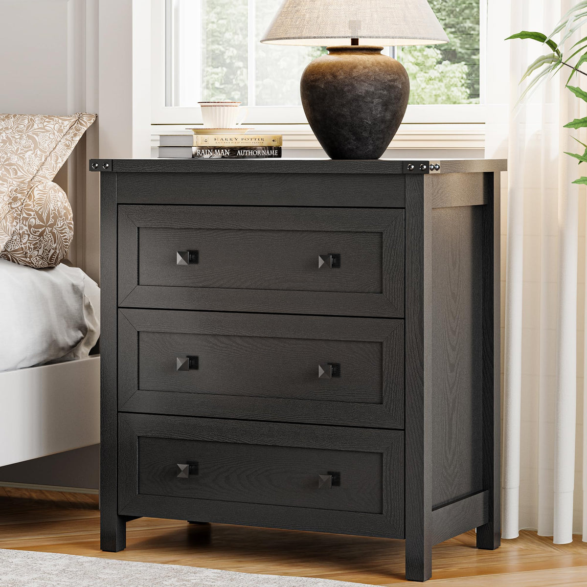 27.6" Wide Black 3 Drawer Wood Nightstand P877129