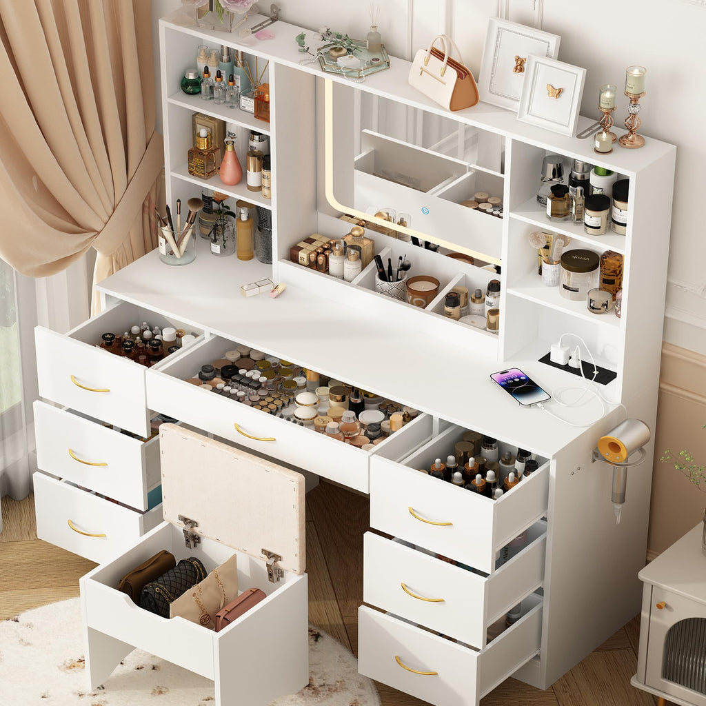 47" White Vanity Desk with Mirror and Lights E3227