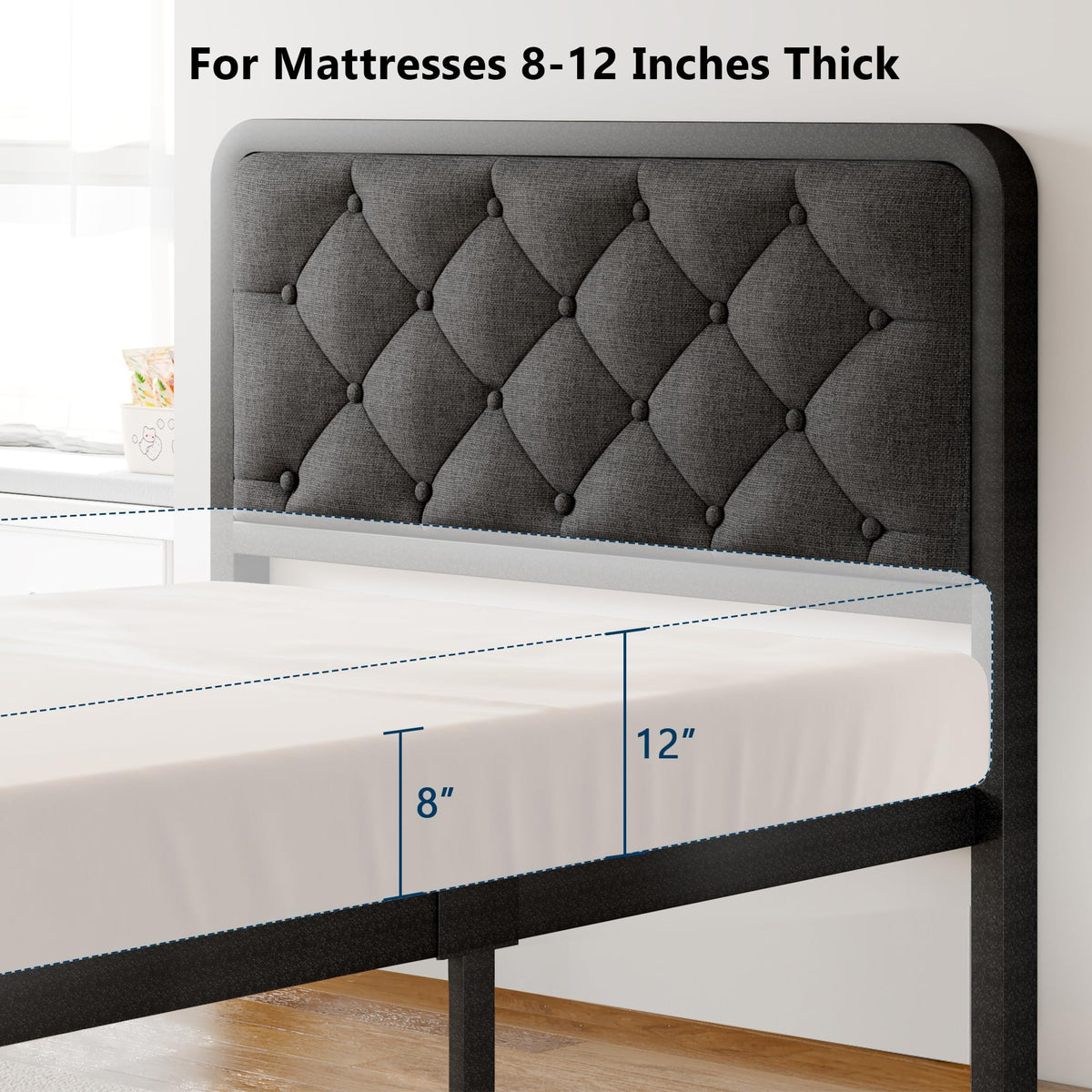 Twin Metal Platform Bed Frame with Linen Upholstered Headboard V75876