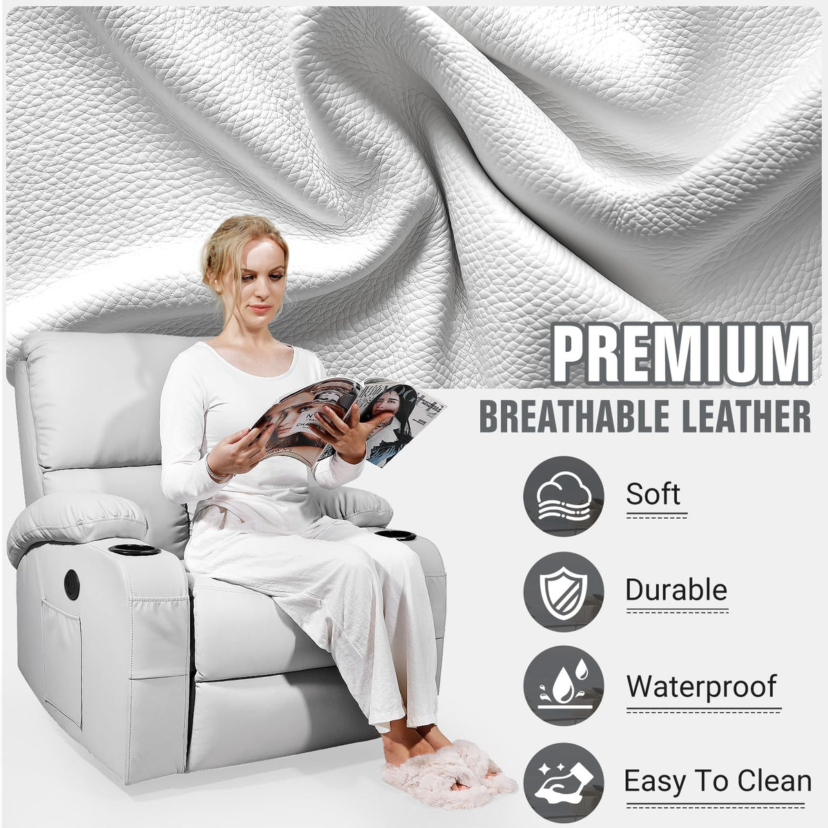 Light Grey Faux Leather Rocking Recliner Chair with Massage and Heat K135813