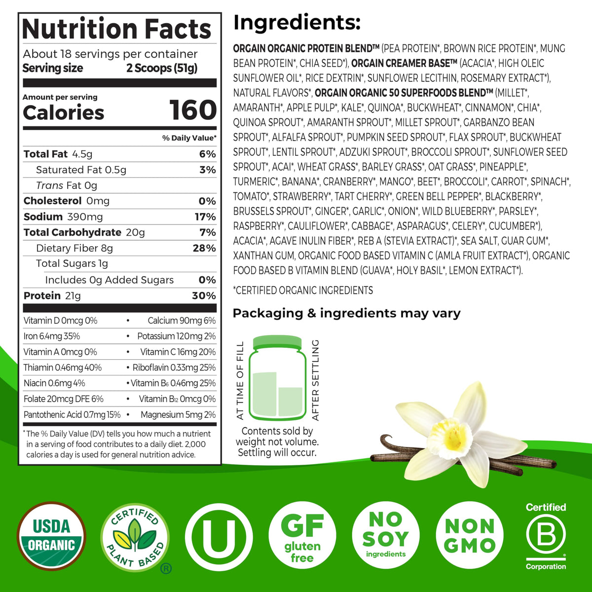 Organic Vegan 21g Protein Superfoods Powder Vanilla Bean 2.02lb F8655