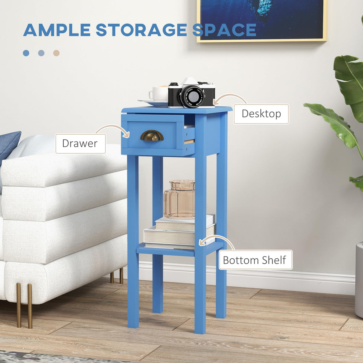 Narrow End Table with Drawer and Bottom Shelf Light Blue M56790