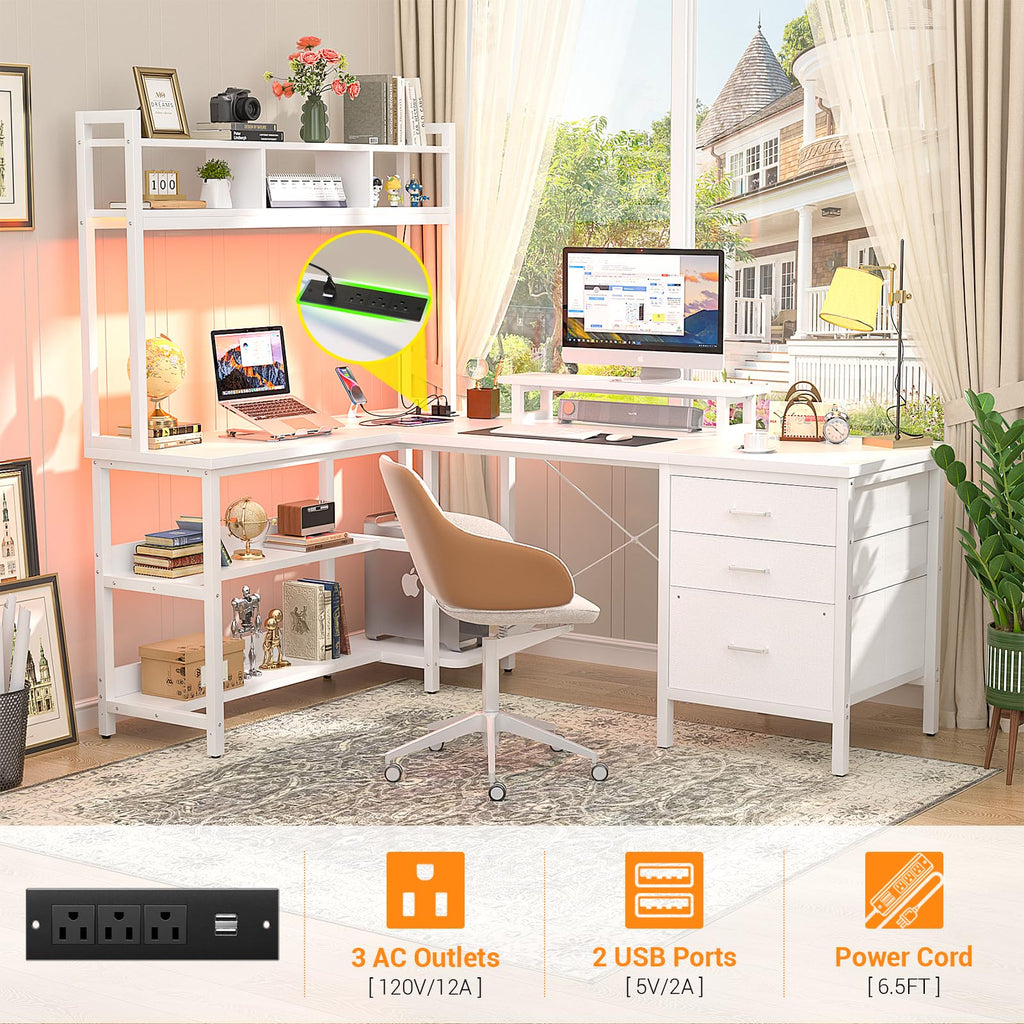 White L Shaped Gaming Desk with Hutch and Led Lights T5861